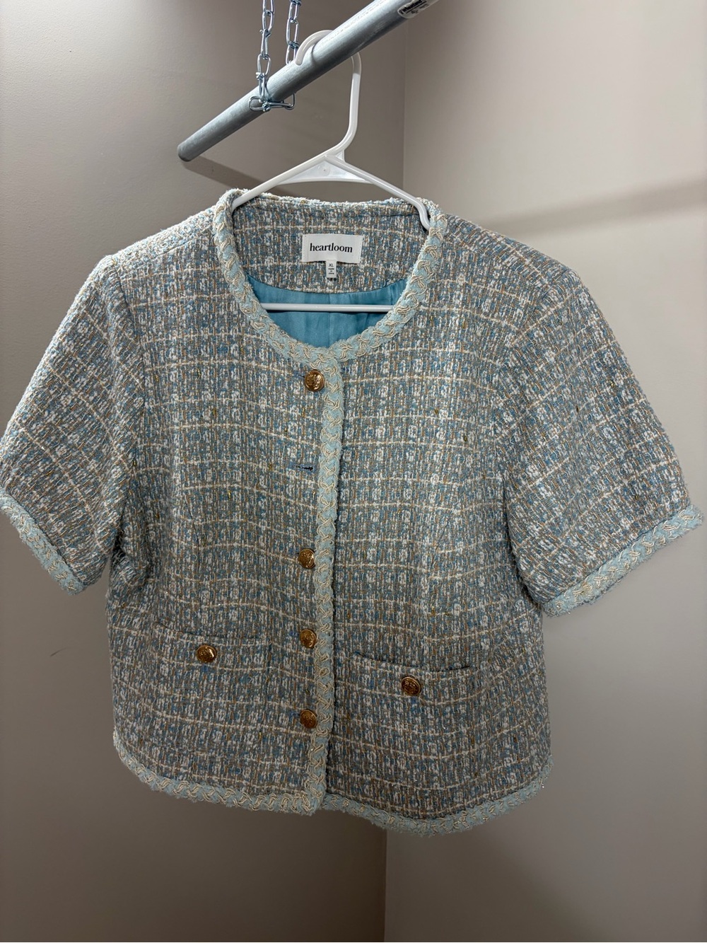 Revolve Heartloom Susana Blazer in Sky Blue Tweed Short Sleeve Jacket